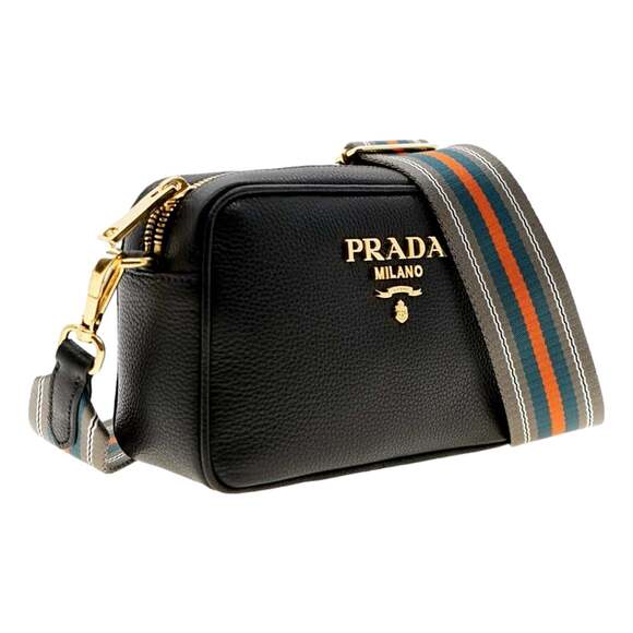Prada Milano Vitello Phenix Nero Leather Crossbody Bag Web Stripe - Picture 2 of 6